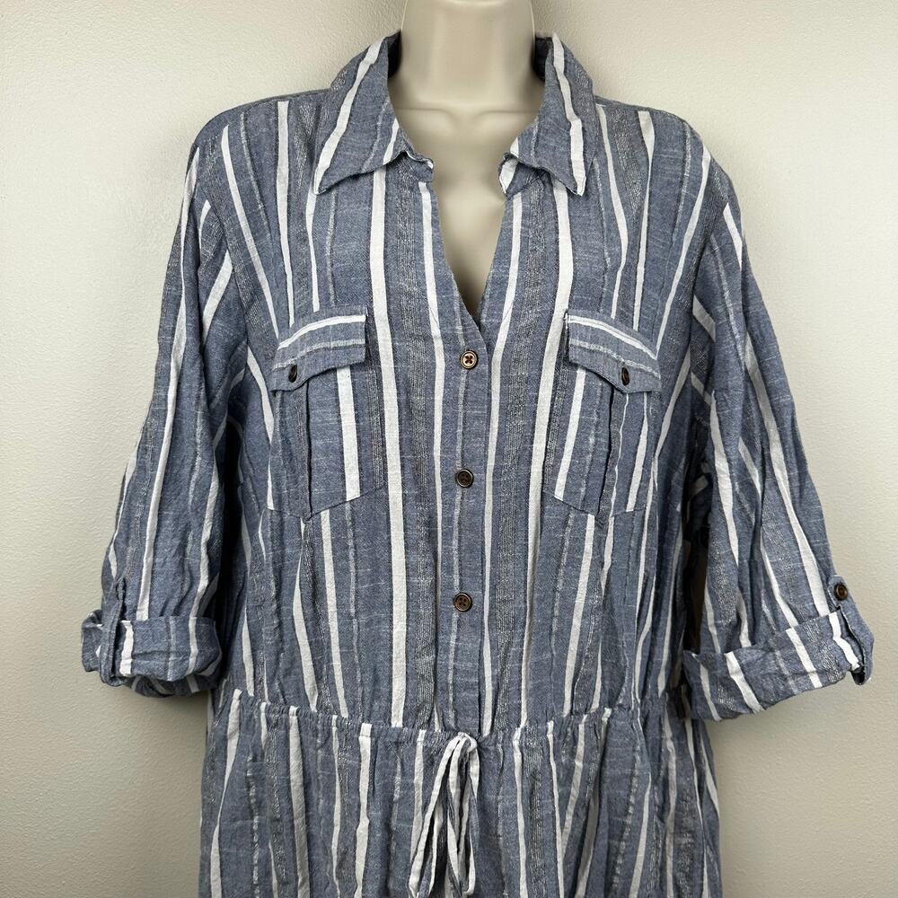 Mlle Gabrielle Shirt Dress Elastic Drawstring Waist Cotton Metallic Blue 3X - Picture 2 of 10